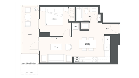 Floor plan for 1 bed, 1 bath, 545 sqft